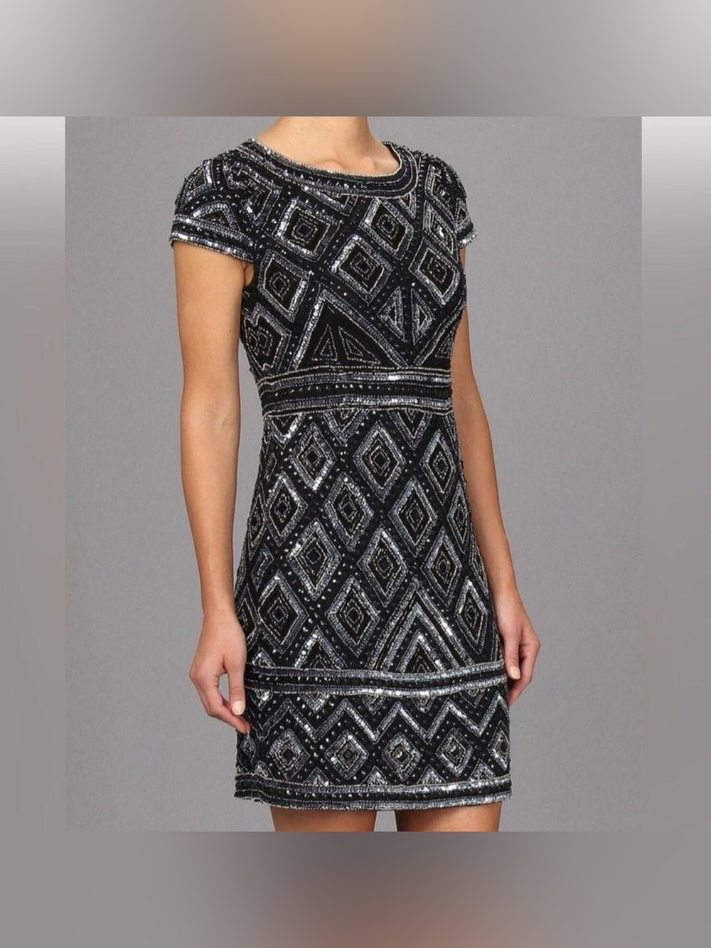 Adrianna Papell Black Beaded Short Sleeve Cocktail Dress